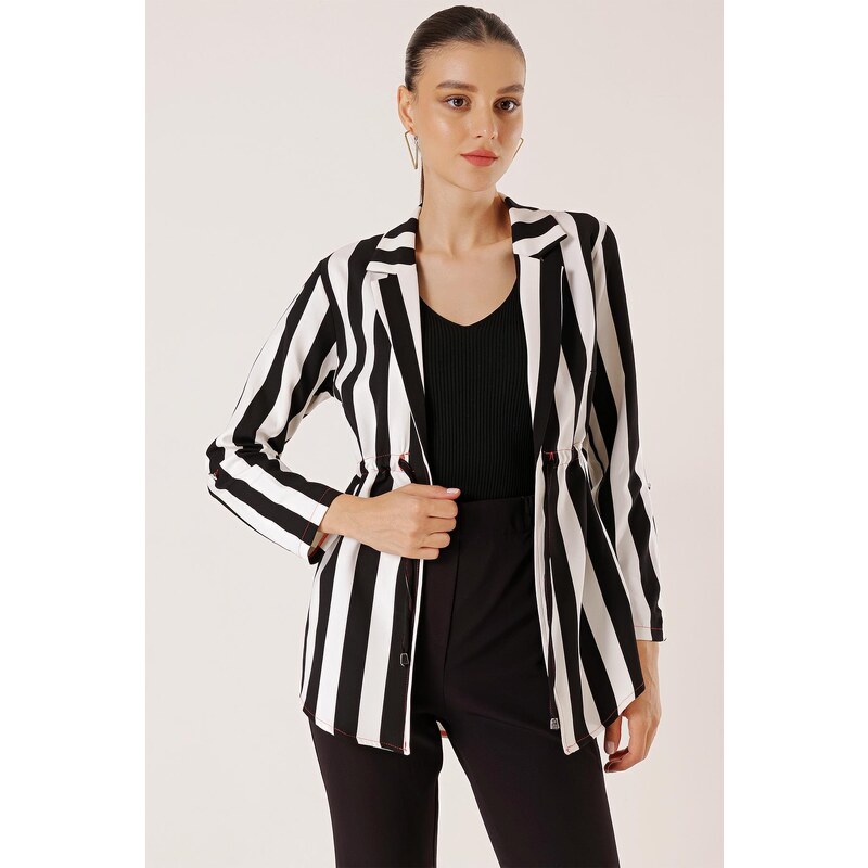 By Saygı Red Rope Detailed Jacket with Drawstring Waist Thick Longitudinal Striped Sleeve