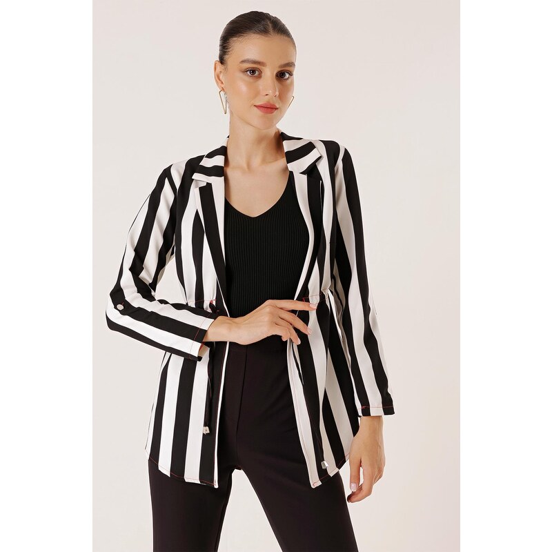 By Saygı Red Rope Detailed Jacket with Drawstring Waist Thick Longitudinal Striped Sleeve