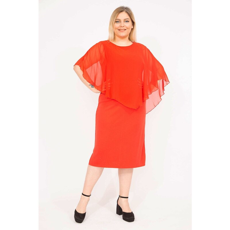 Şans Women's Red Plus Size Chiffon Dress with Cape