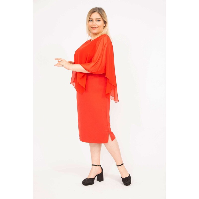 Şans Women's Red Plus Size Chiffon Dress with Cape