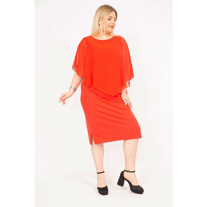 Şans Women's Red Plus Size Chiffon Dress with Cape