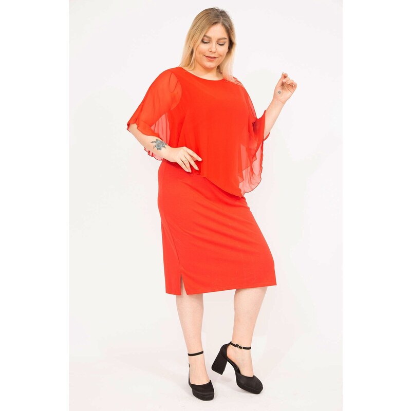 Şans Women's Red Plus Size Chiffon Dress with Cape