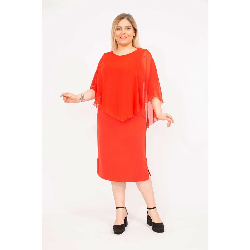 Şans Women's Red Plus Size Chiffon Dress with Cape