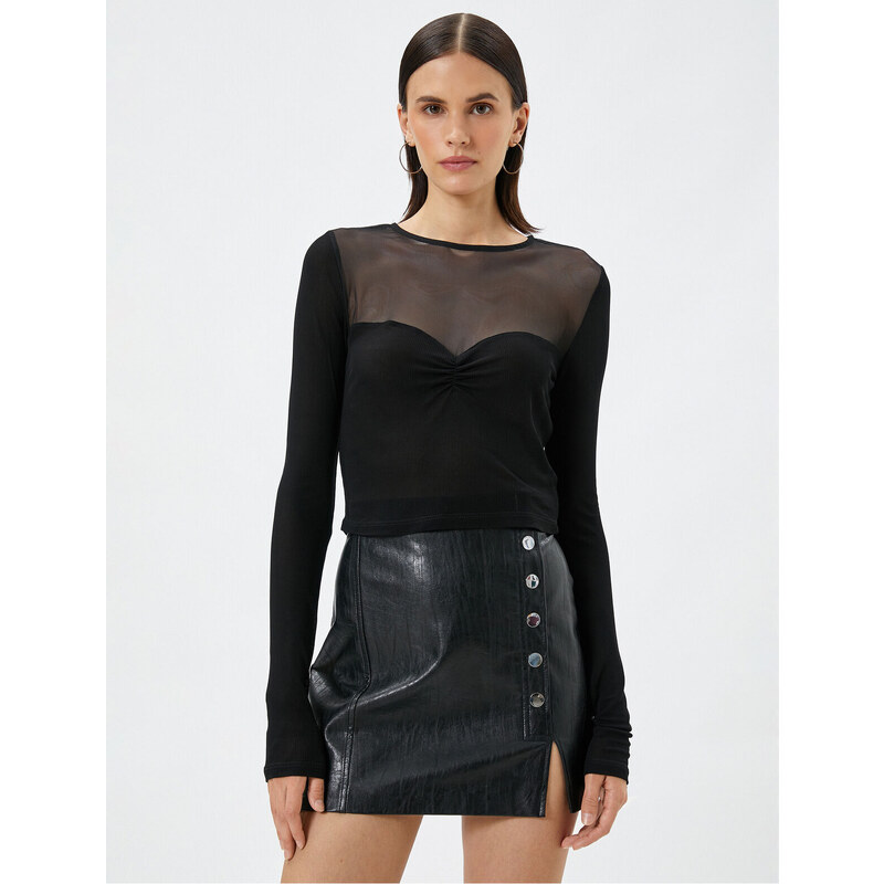 Koton Long Sleeved T-Shirt with Crop Tulle Detailed Crew Neck Viscose.