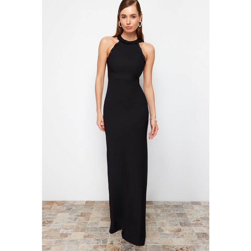 Trendyol Black Body-Sitting Woven Shiny Jewelled Long Evening Dress