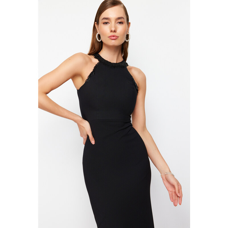 Trendyol Black Body-Sitting Woven Shiny Jewelled Long Evening Dress