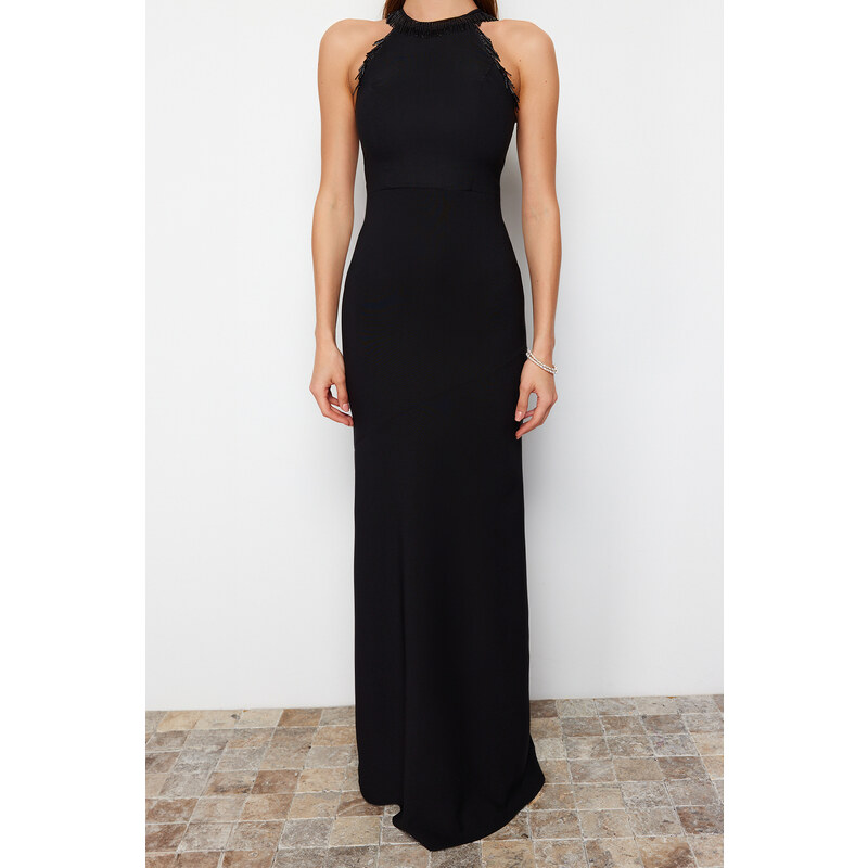 Trendyol Black Body-Sitting Woven Shiny Jewelled Long Evening Dress