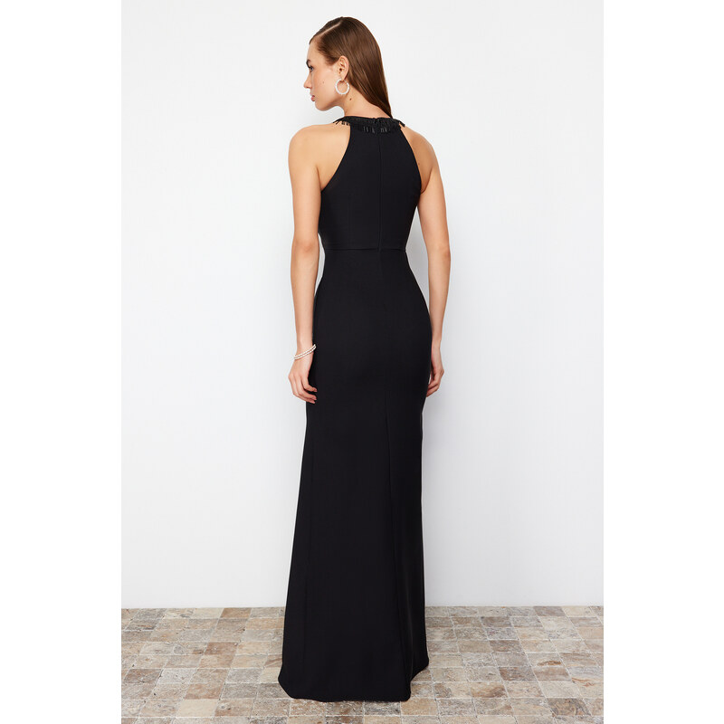 Trendyol Black Body-Sitting Woven Shiny Jewelled Long Evening Dress