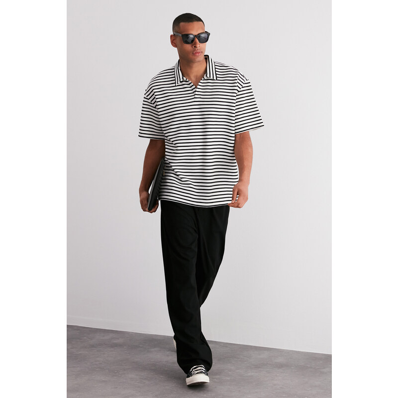 Trendyol Ecru Oversize/Wide Cut Limited Edition Striped Textured Polo Collar T-shirt