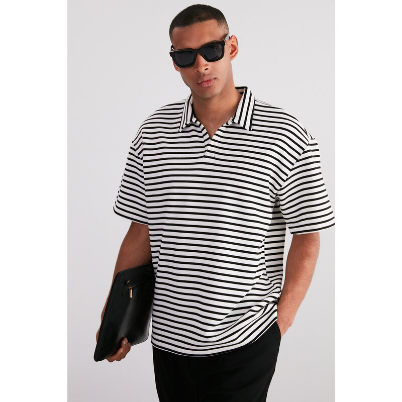 Trendyol Ecru Oversize/Wide Cut Limited Edition Striped Textured Polo Collar T-shirt