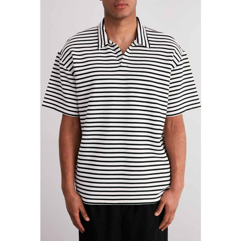 Trendyol Ecru Oversize/Wide Cut Limited Edition Striped Textured Polo Collar T-shirt