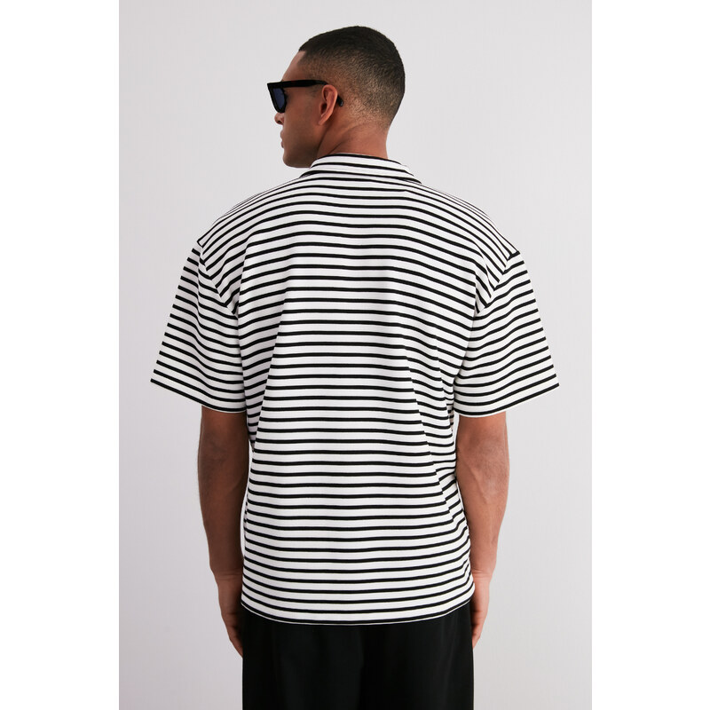 Trendyol Ecru Oversize/Wide Cut Limited Edition Striped Textured Polo Collar T-shirt