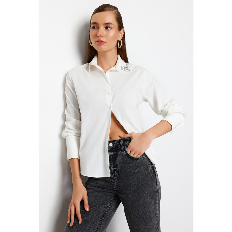 Trendyol White Woven Hand Work Shiny Jewelled Poplin Shirt