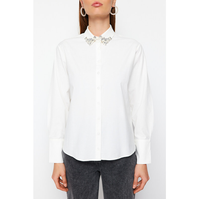 Trendyol White Woven Hand Work Shiny Jewelled Poplin Shirt