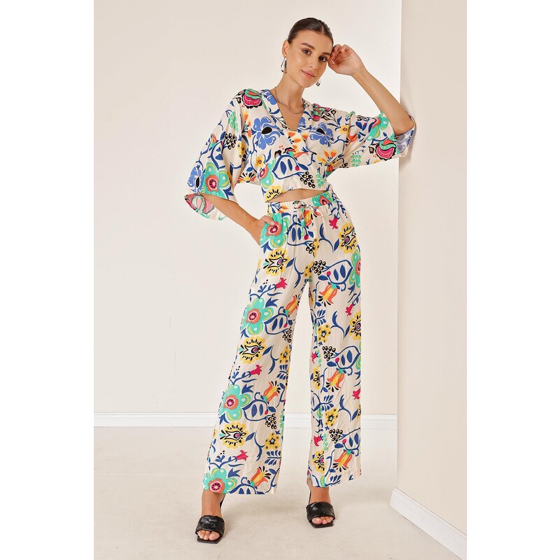 By Saygı Elastic Waist Pocket Palazzo Trousers Front Back V Neck Crop Floral Double Suit