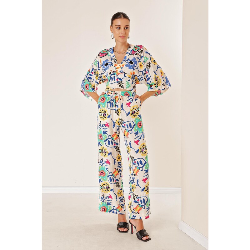 By Saygı Elastic Waist Pocket Palazzo Trousers Front Back V Neck Crop Floral Double Suit