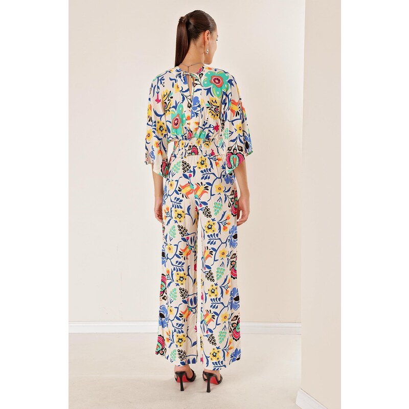 By Saygı Elastic Waist Pocket Palazzo Trousers Front Back V Neck Crop Floral Double Suit