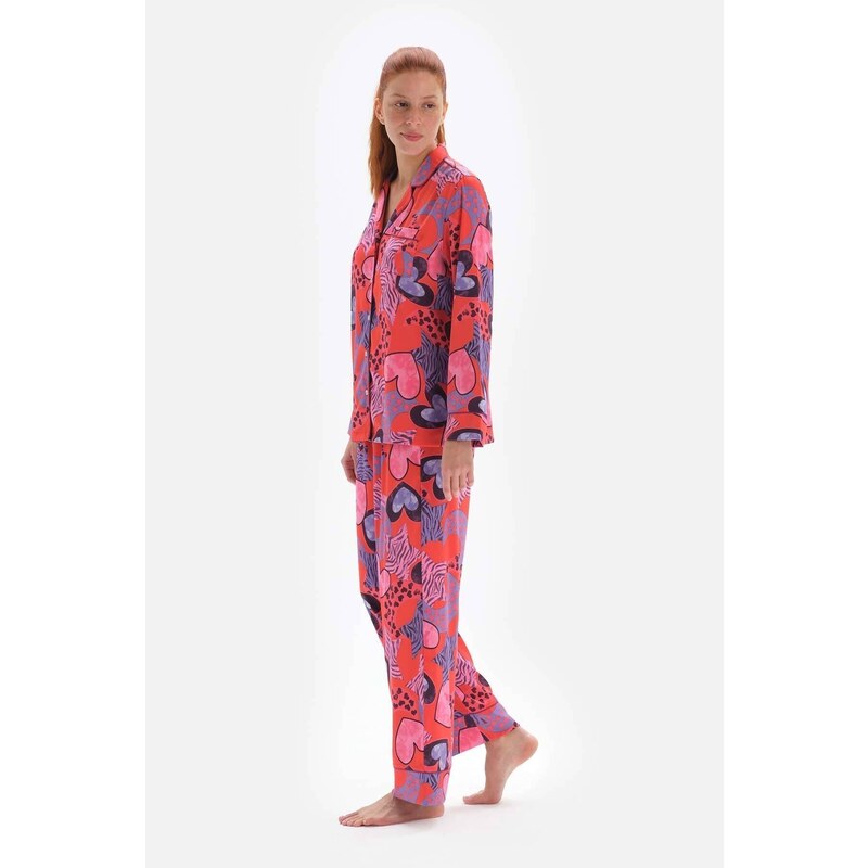 Dagi Pomegranate Flower Patterned Shirt Collar Satin Pajama Top