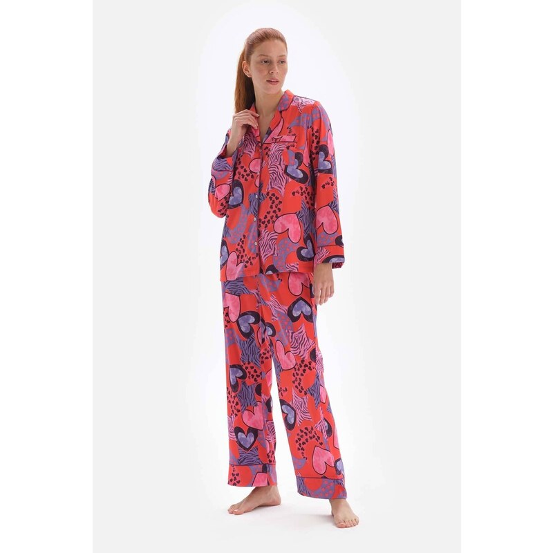 Dagi Pomegranate Flower Patterned Shirt Collar Satin Pajama Top