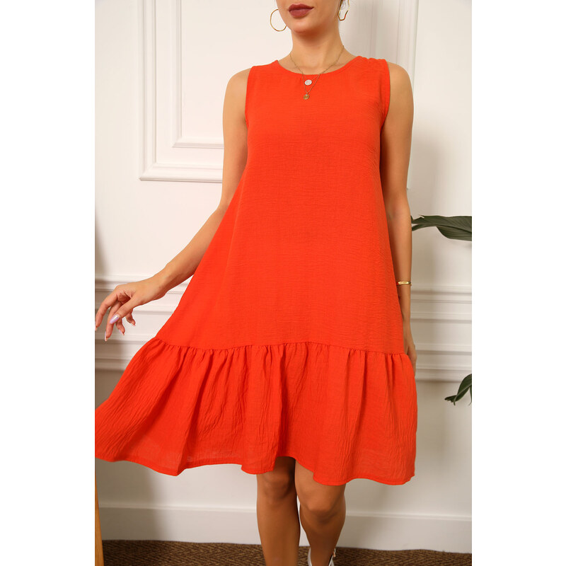 armonika Women's Orange Linen Look Textured Sleeveless Dress with Frill Skirt