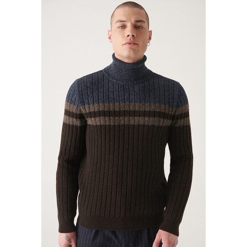 Avva Men's Brown Full Turtleneck Block Colored Regular Fit Woolen Sweater