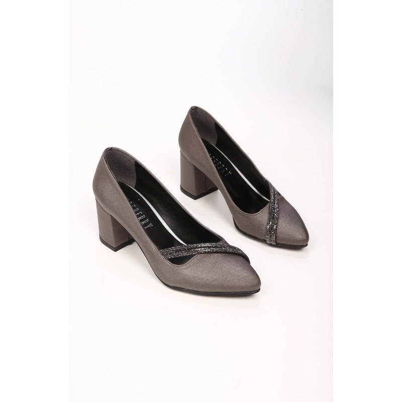 Shoeberry Women's Emily Platinum Satin Stone Heels Shoes