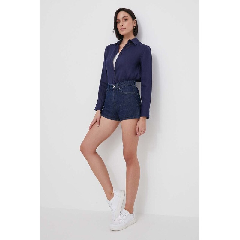 Džínové šortky Pepe Jeans dámské, tmavomodrá barva, hladké, high waist