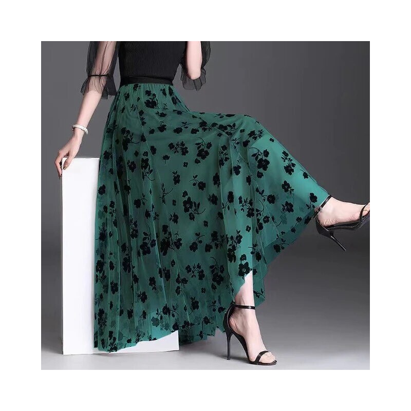 ADELO Tylová maxi sukně dámská - květinová - zelená - smaragdová