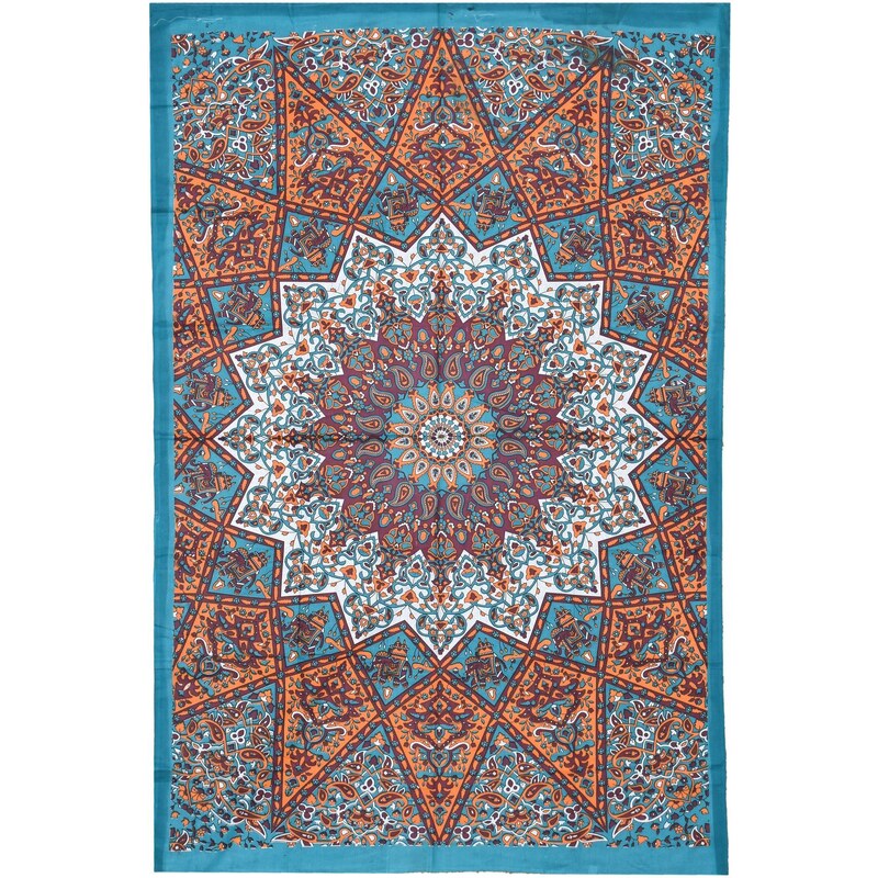 Přehoz na postel zelený-oranžový, Mandala a sloni 200x130cm