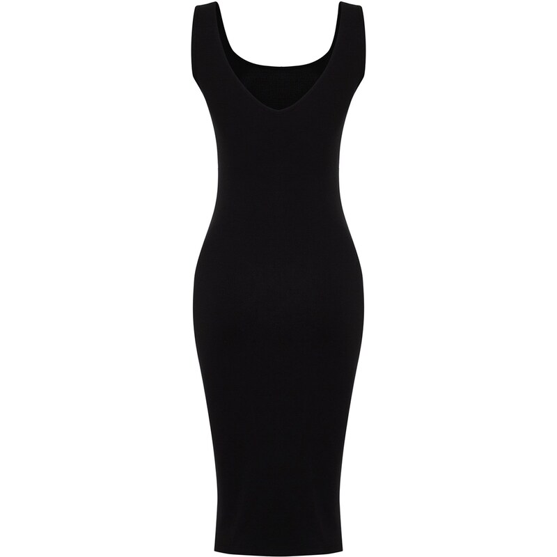 Trendyol Black Pool Neckline Decollete Gathered Bodycone/Capable Elastic Knitted Midi Dress