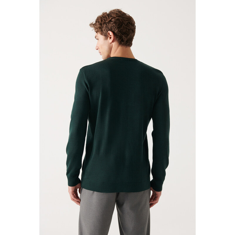 Avva Men's Green Crew Neck Honeycomb Textured Standard Fit Regular Cut Knitwear Sweater
