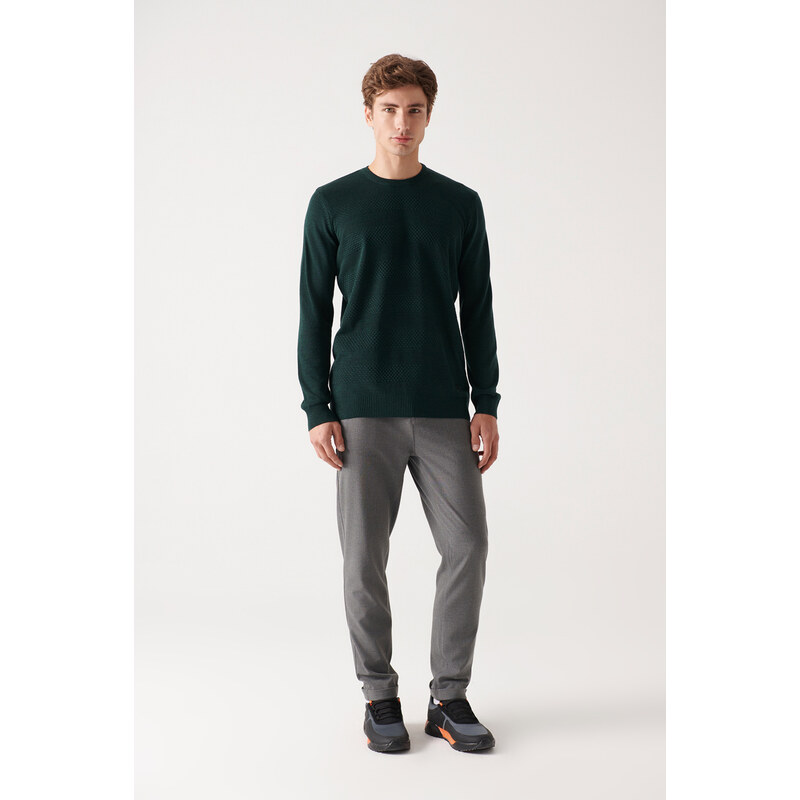 Avva Men's Green Crew Neck Honeycomb Textured Standard Fit Regular Cut Knitwear Sweater