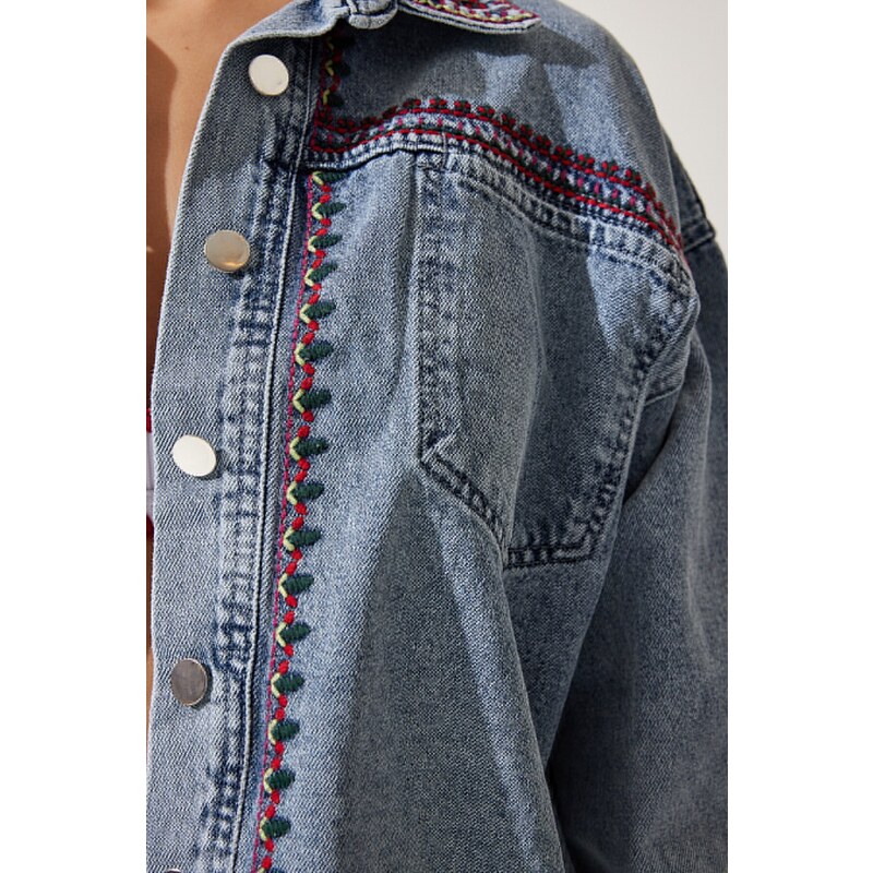 Happiness İstanbul Women's Light Blue Embroidered Denim Jacket