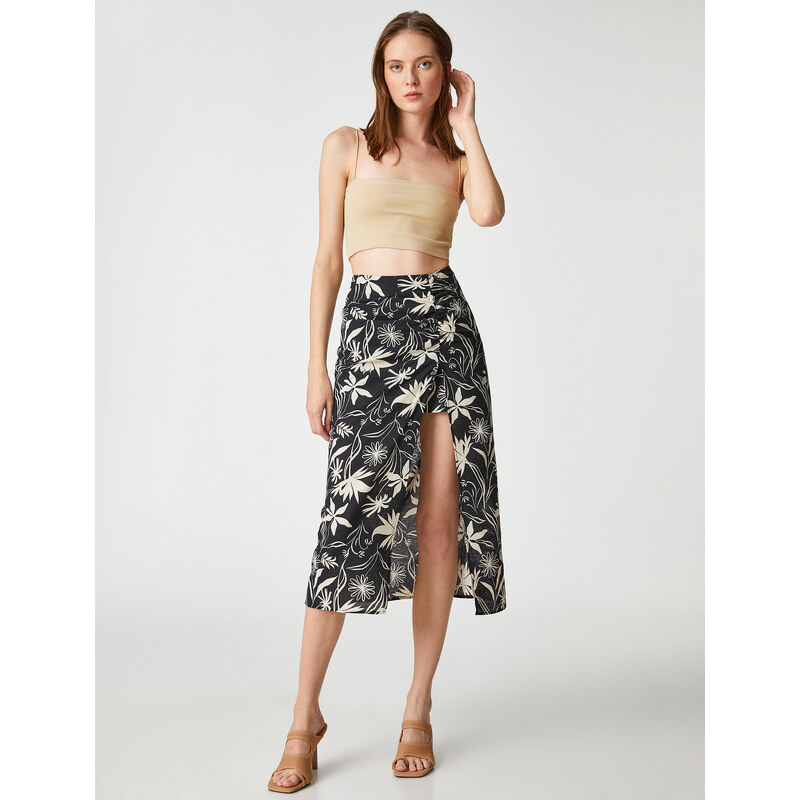 Koton Midi Length Skirt Draped and Slit Linen Blend