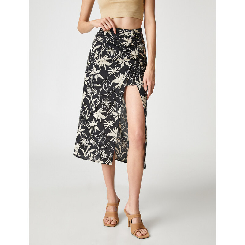 Koton Midi Length Skirt Draped and Slit Linen Blend