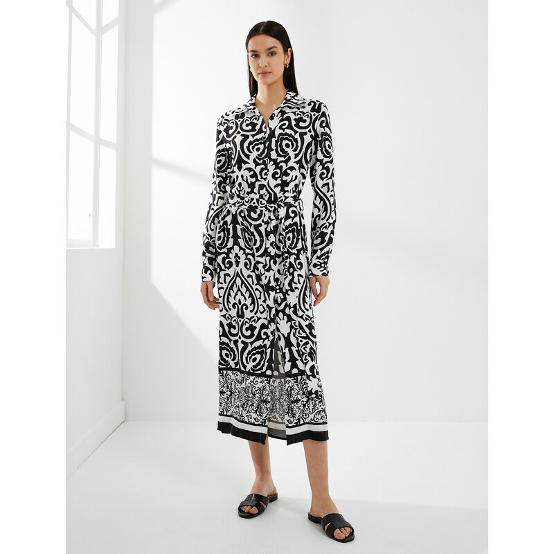 Koton Ethnic Patterned Midi Shirt Dress Belted Button Long Sleeve