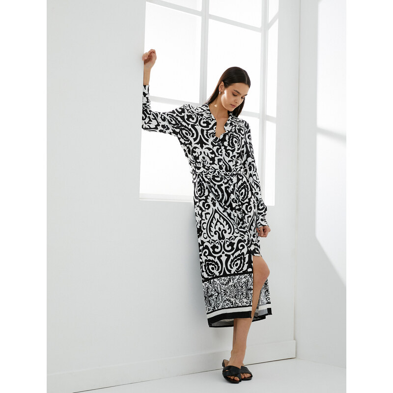 Koton Ethnic Patterned Midi Shirt Dress Belted Button Long Sleeve