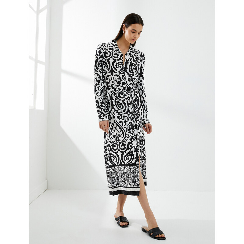 Koton Ethnic Patterned Midi Shirt Dress Belted Button Long Sleeve