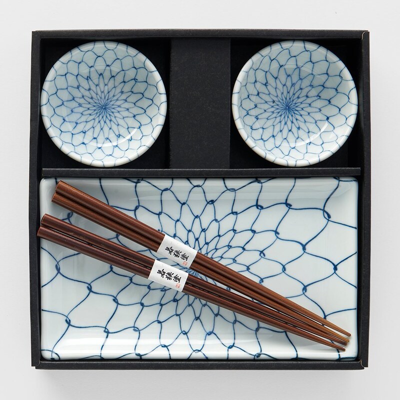 Sada na sushi WHITE WITH BLUE NET, sada 6 ks, modrá, keramika, MIJ