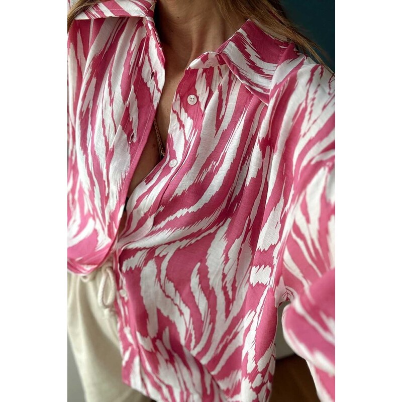 Laluvia Pink Viscose Fabric Patterned Oversized Women's Shirt.