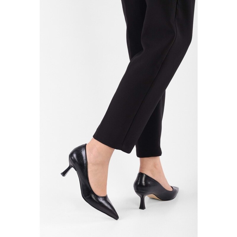 Shoeberry Women's Zahara Black Snake Patterned Heeled Shoes Stiletto