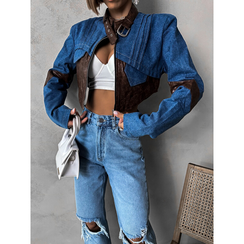 Erikafashion Modrá krátká džínová bunda ZALMIZ s koženkou