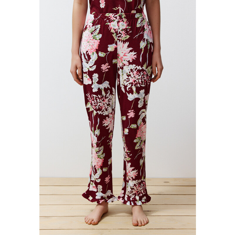 Trendyol Burgundy-Multi Color 100% Cotton Floral Ruffle Detail Knitted Pajamas Set