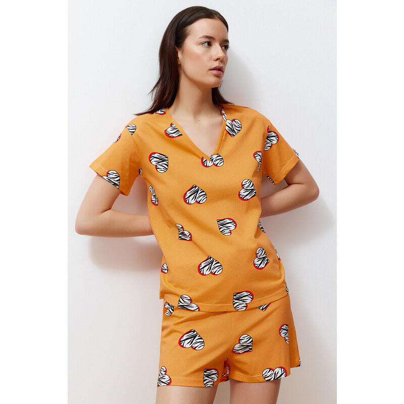 Trendyol Orange 100% Cotton Heart Knitted Pajamas Set