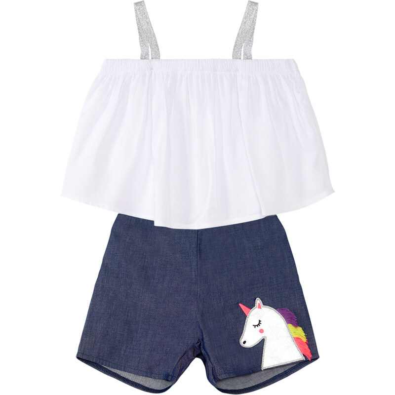 Denokids Colorful Tasseled Unicorn Girl Blouse Denim Shorts Set