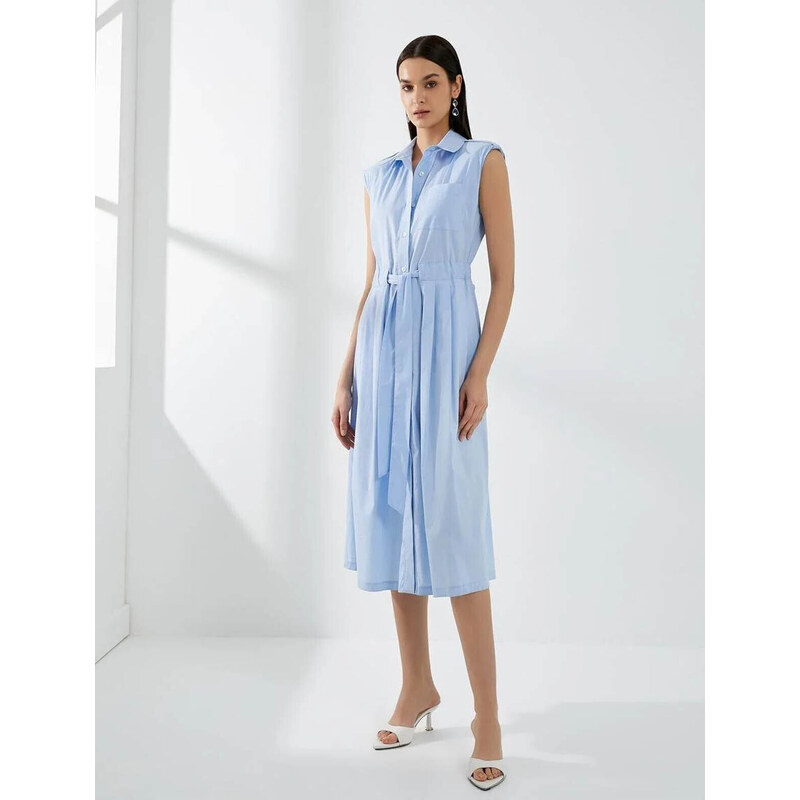 Koton Shirt Dress Belted Pleated Buttoned Sleeveless Midi Length Cotton