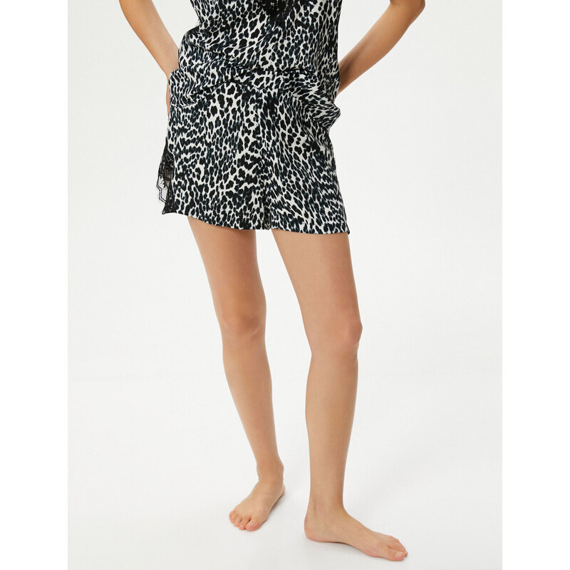 Koton Leopard Patterned Pajama Bottom Shorts Lace Window Detail Viscose