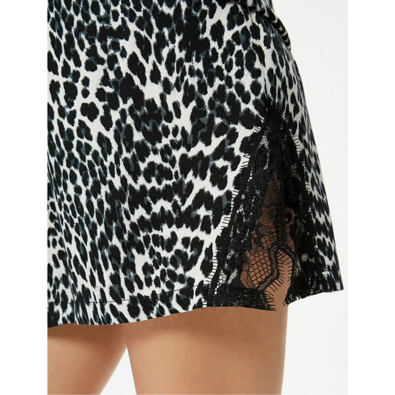Koton Leopard Patterned Pajama Bottom Shorts Lace Window Detail Viscose