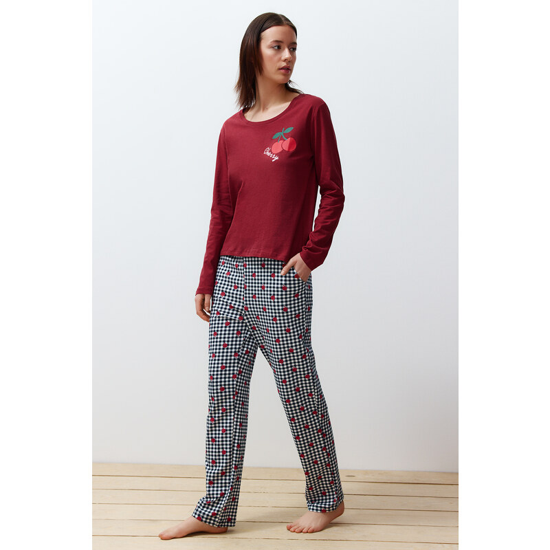 Trendyol Burgundy 100% Cotton Fruit Printed Plaid Knitted Pajamas Set