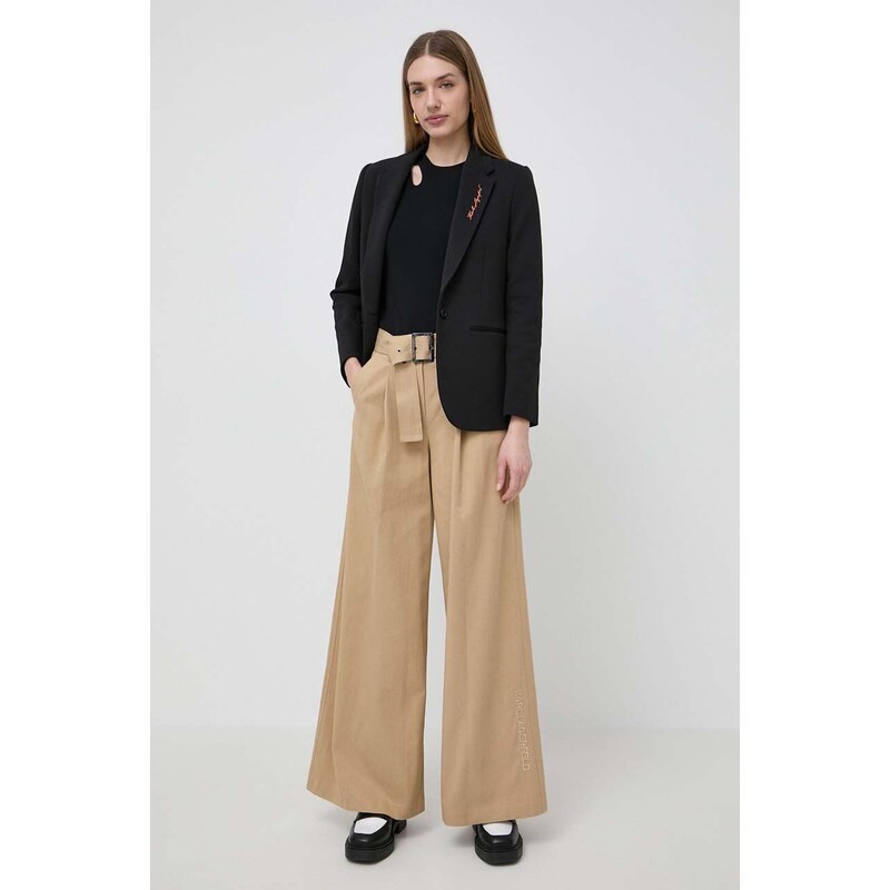 Kalhoty Karl Lagerfeld dámské, béžová barva, jednoduché, high waist